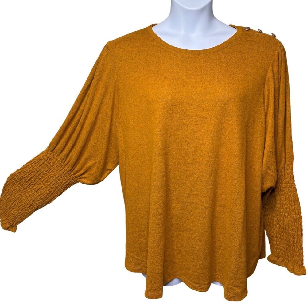 DG2 x DIANE GILMAN Womens Mustard Yellow Puff Smocked Sleeve Knit Top 3X Boho